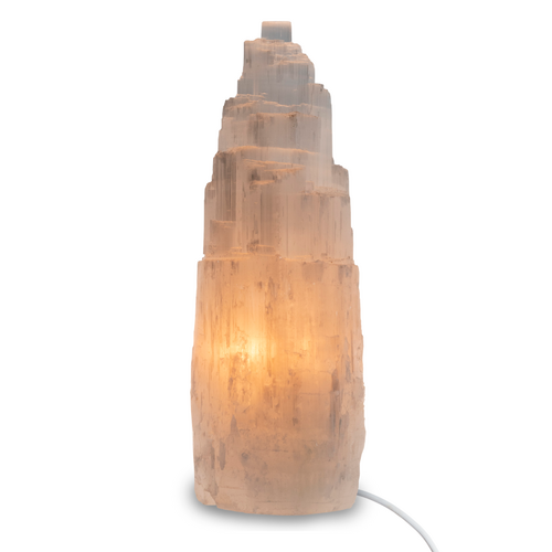 Selenite Crystal Lamp 25-30cm MEDIUM with 1.8m White Cord and LED Globe